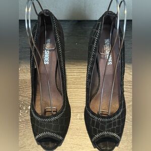 Women Nara Shoes Made in Italy Black Leather Suede Peep Toe Heels Business